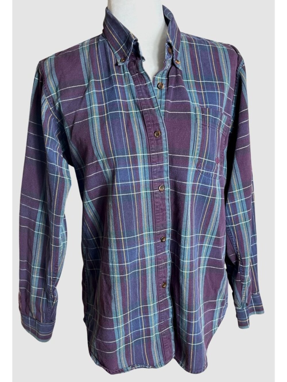 Vtg Roper Chambray Shirt Muted Purple Plaid Button Preppy Basic Layers Wom L